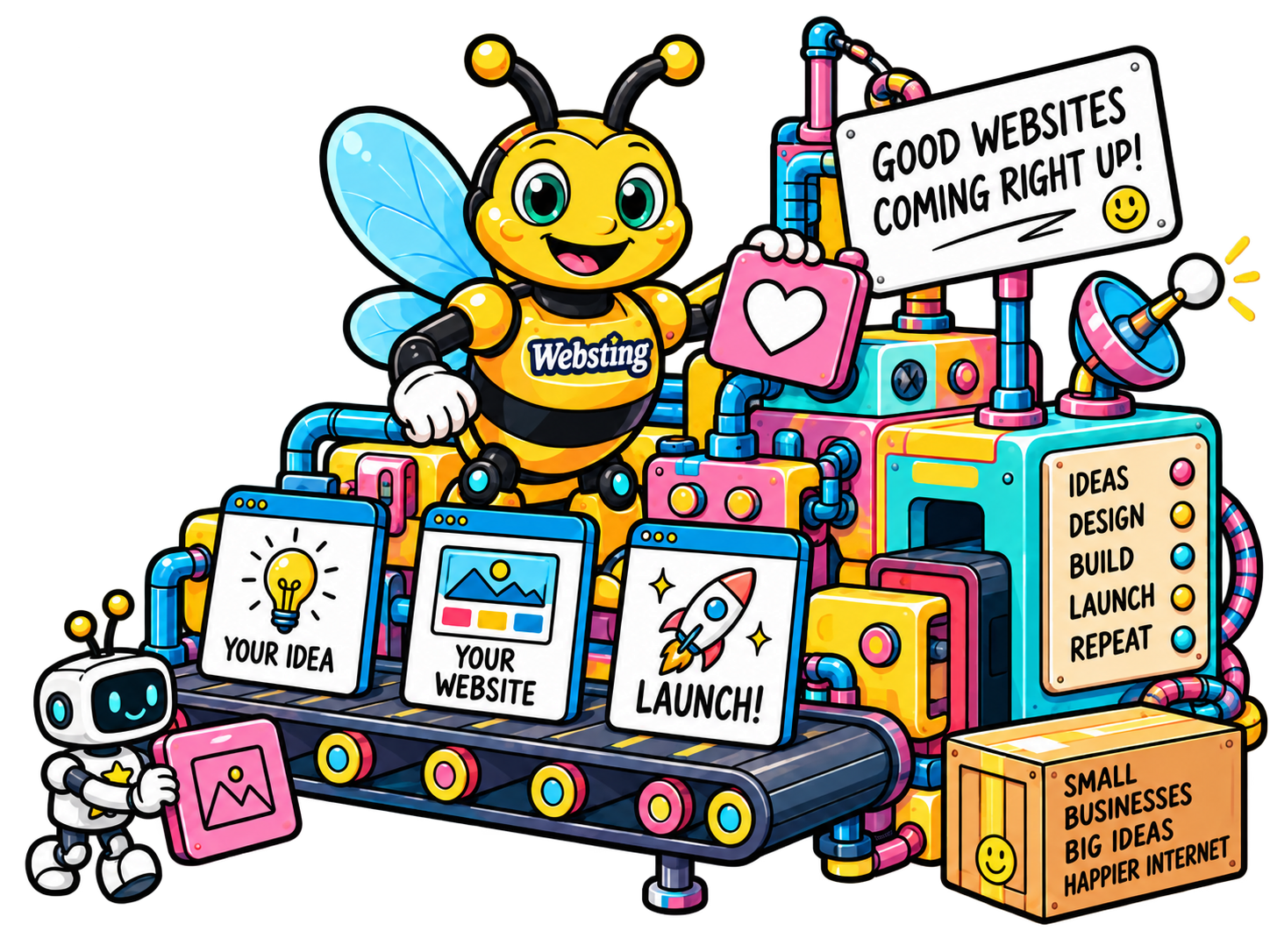 Websting bee operating a playful website-building machine