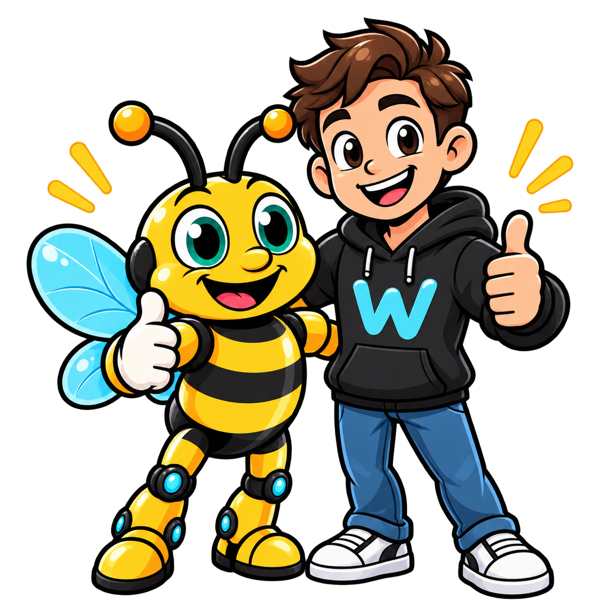 Websting bee working alongside a real person