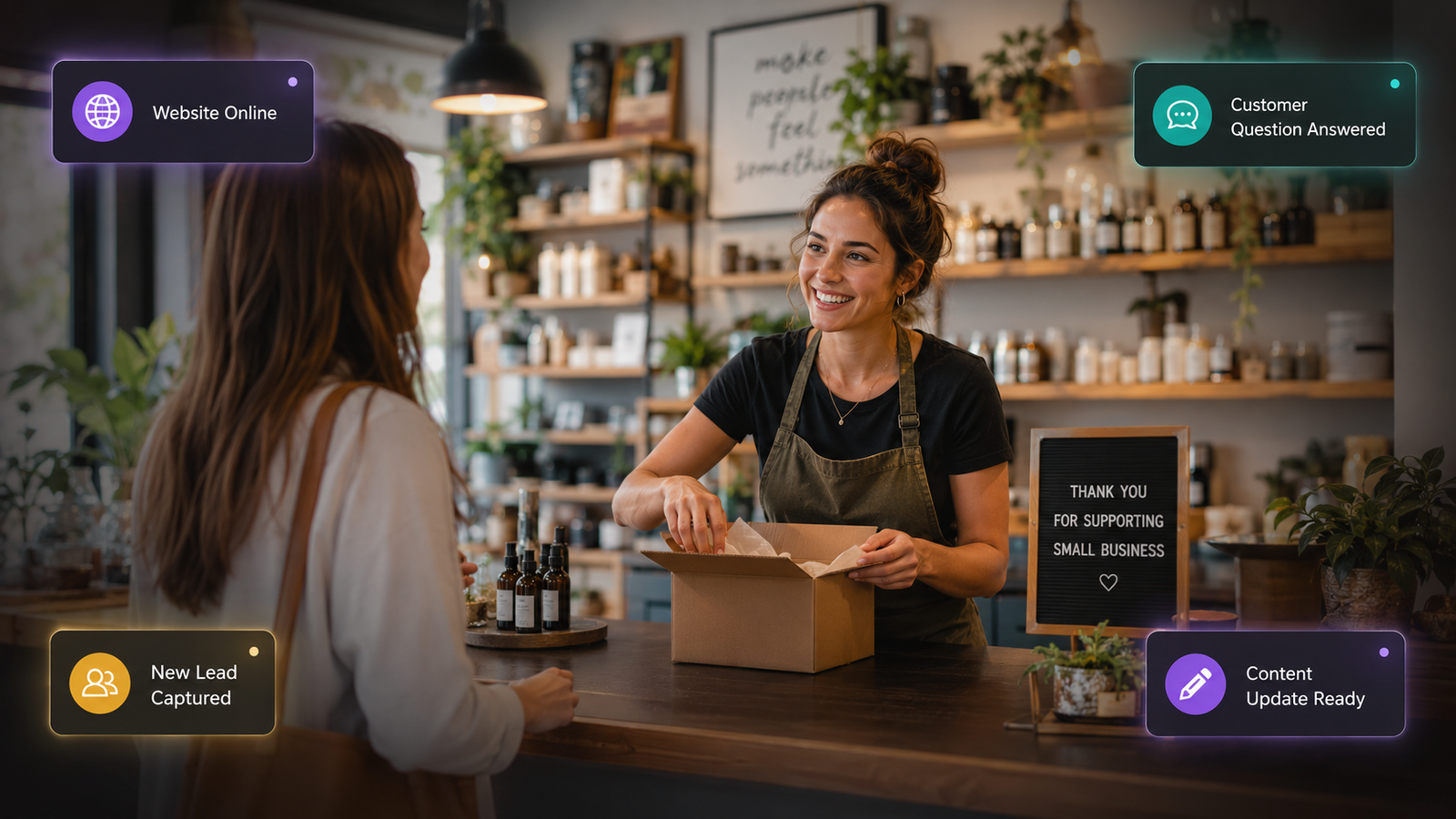Small-business owner using a laptop while reviewing a website and customer lead information