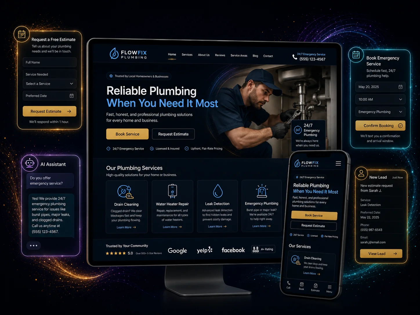 Plumbing business website displayed on desktop and mobile devices