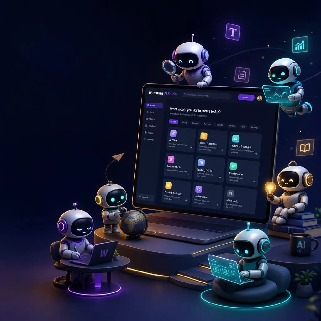 Websting AI Studio with guided tools for writing, research, business, learning, and creative work