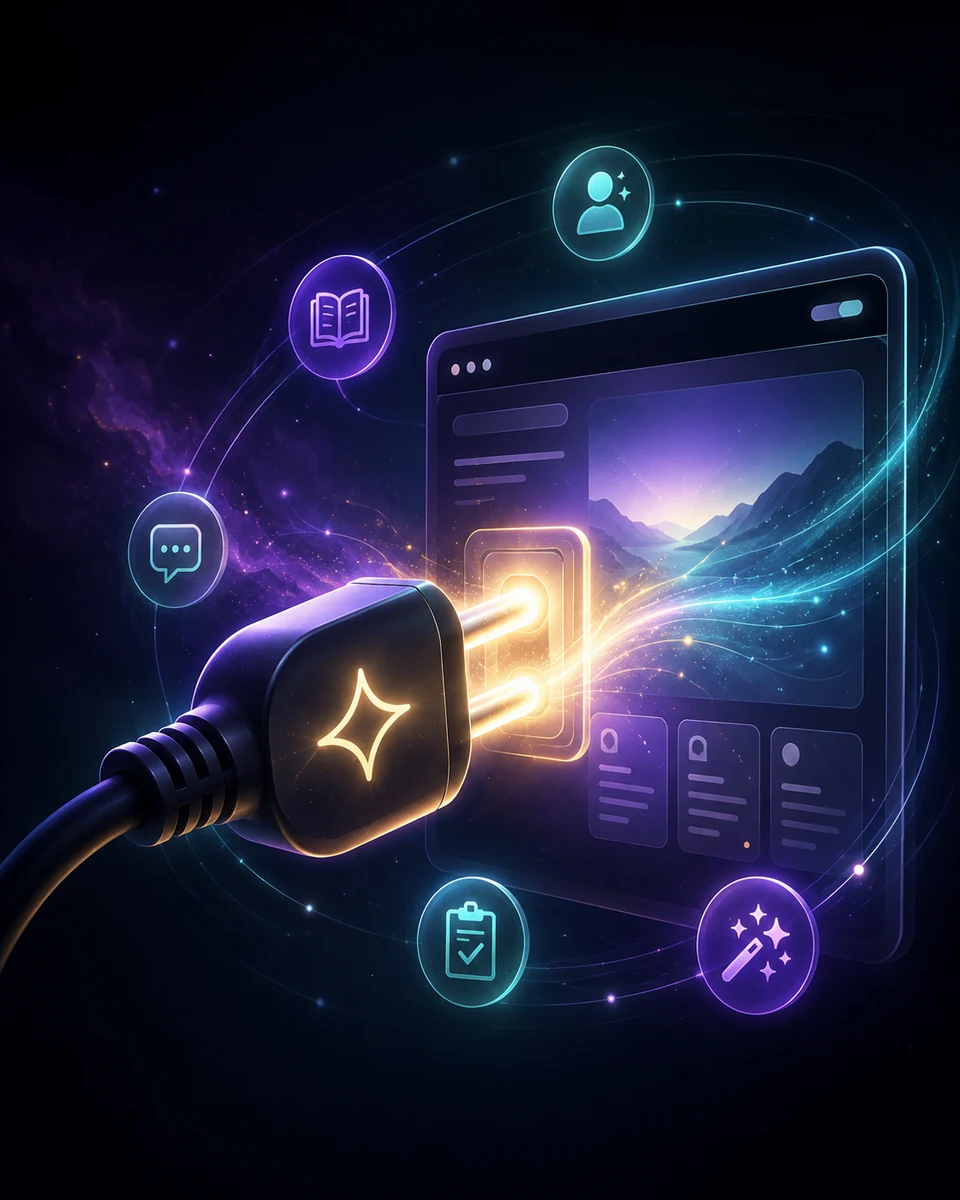 A glowing plug powering up a website and connecting it to business knowledge, customer assistance, intake, and AI tools