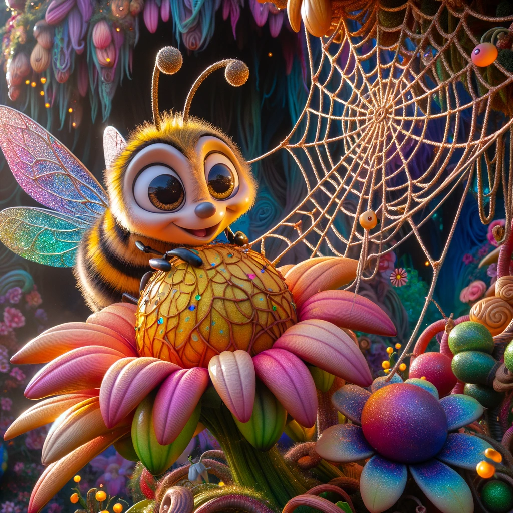 Cartoon bee on oversized flower in a vibrant, whimsical garden.