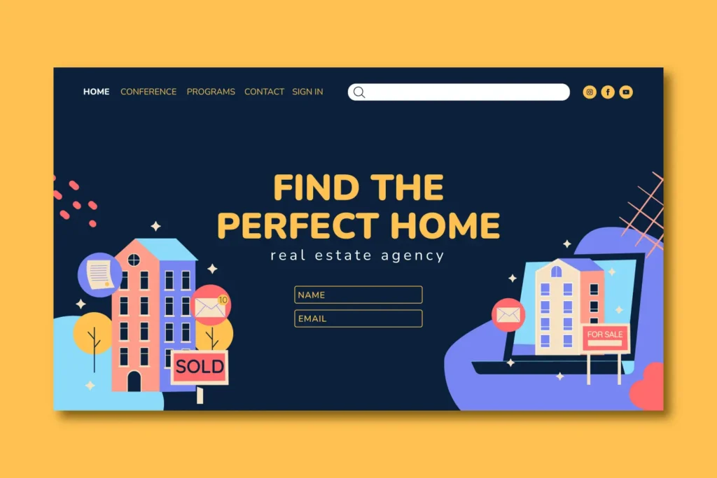 Real estate website with 'Find the Perfect Home' text, buildings, and contact form.
