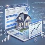 Real estate lead generation with model house, forms, charts, and checkmarks.