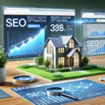 Desk with model house and SEO analytics screens, highlighting real estate SEO.