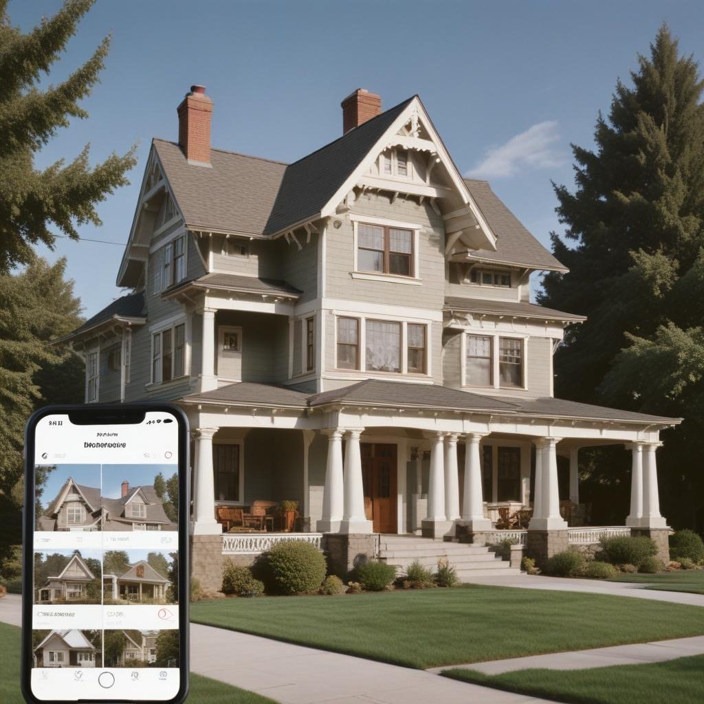 Victorian home with porch, next to smartphone showing a home design app.