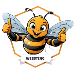 Smiling bee mascot with thumbs up and 'Websting' banner.