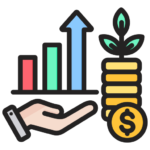 Hand holding bar graph and coins, symbolizing financial growth.