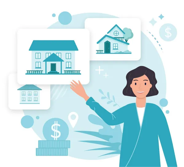 Smiling woman selecting homes online, symbolizing real estate search.