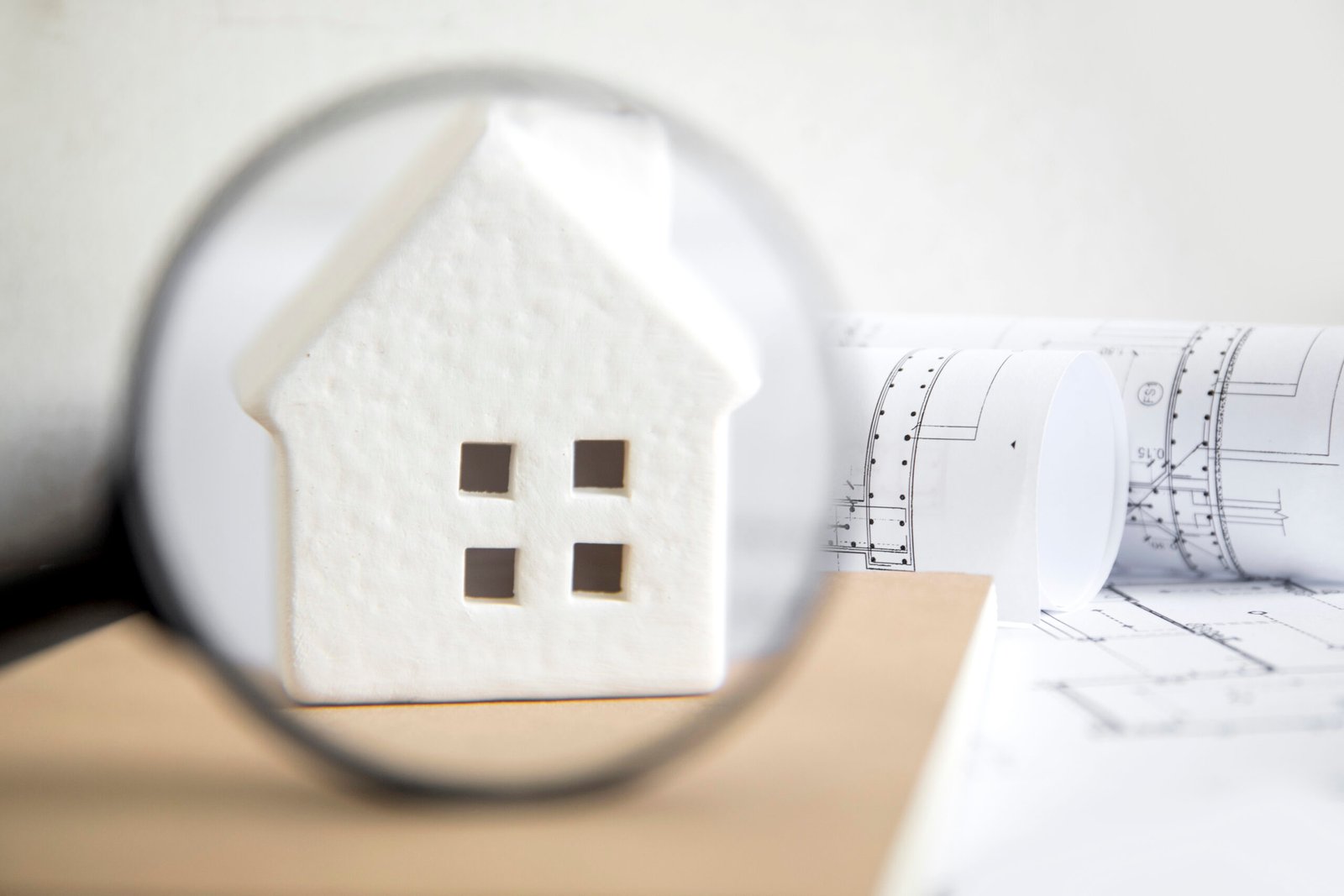 House model under magnifying glass with blueprints, symbolizing property analysis.