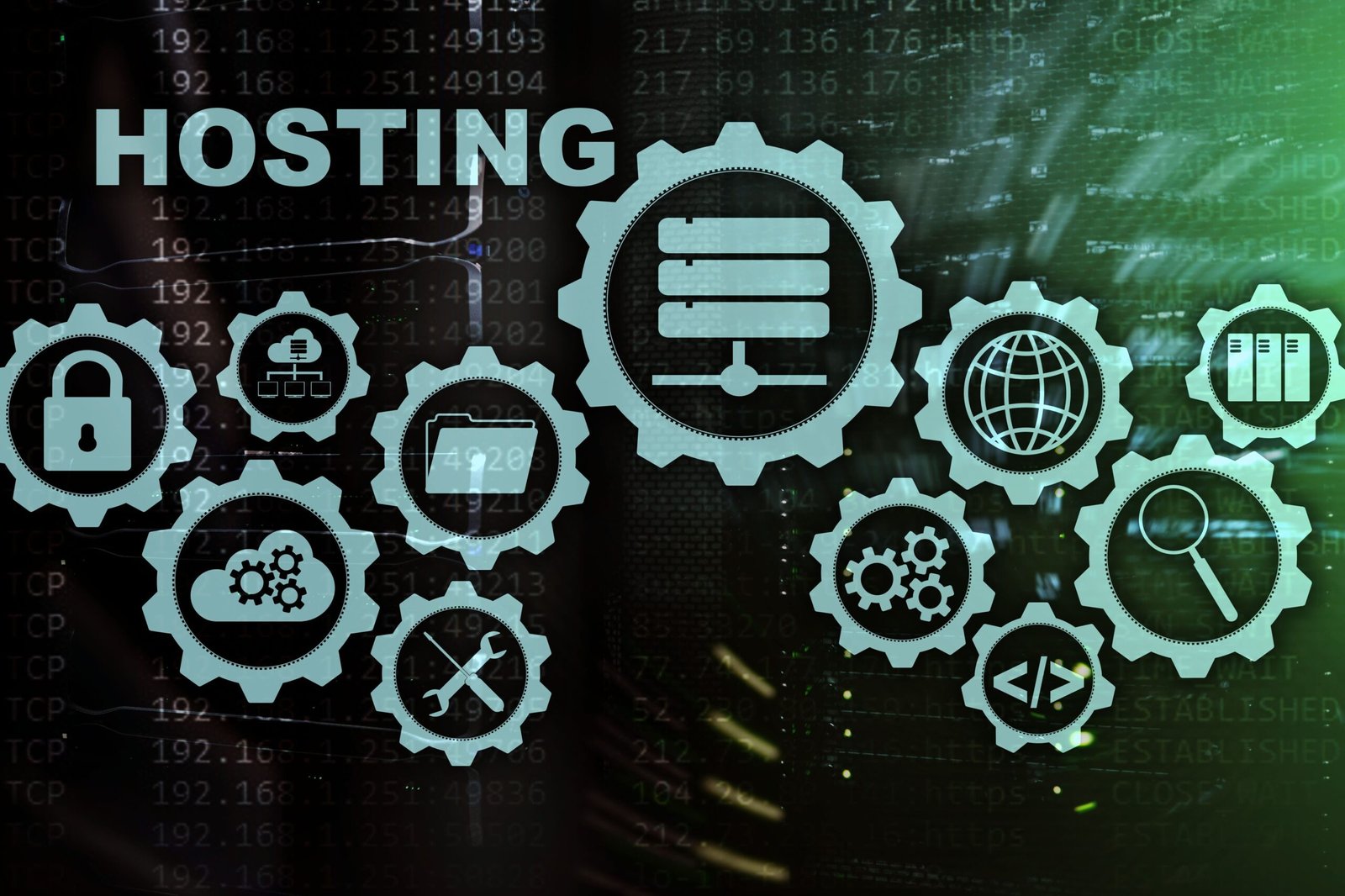 Gears illustrating web hosting, server management, cybersecurity, and cloud tech.