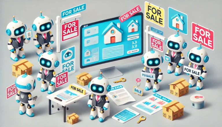 Futuristic robots as real estate agents, showcasing property sales with 'For Sale' signs and documents