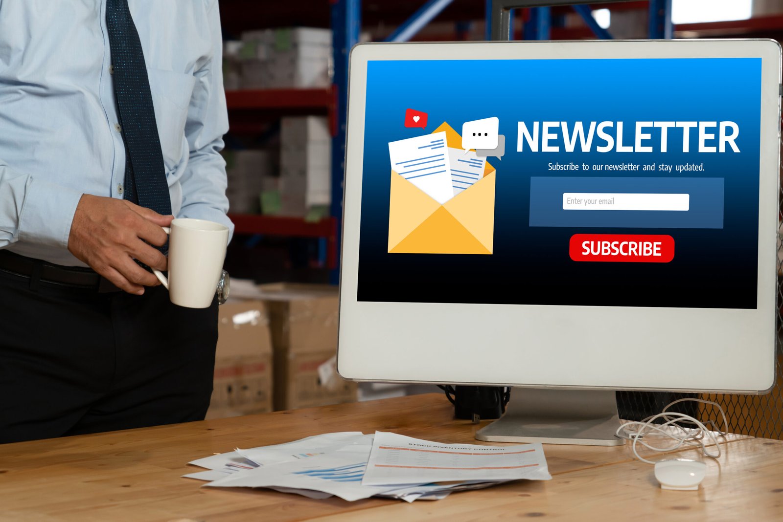 Businessman holding coffee beside computer displaying a newsletter sign-up page encouraging subscriptions