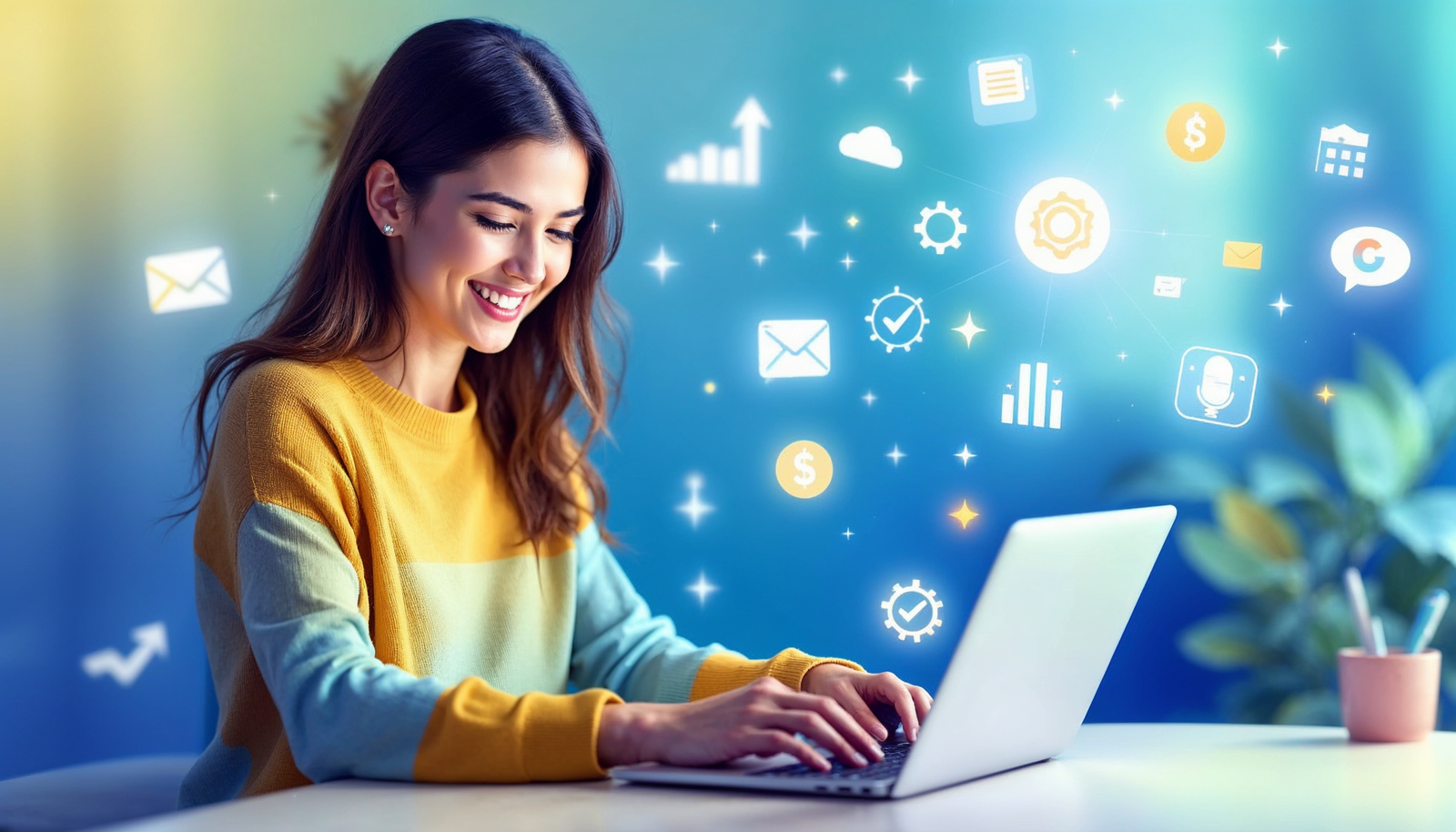 Woman working at a computer laptop