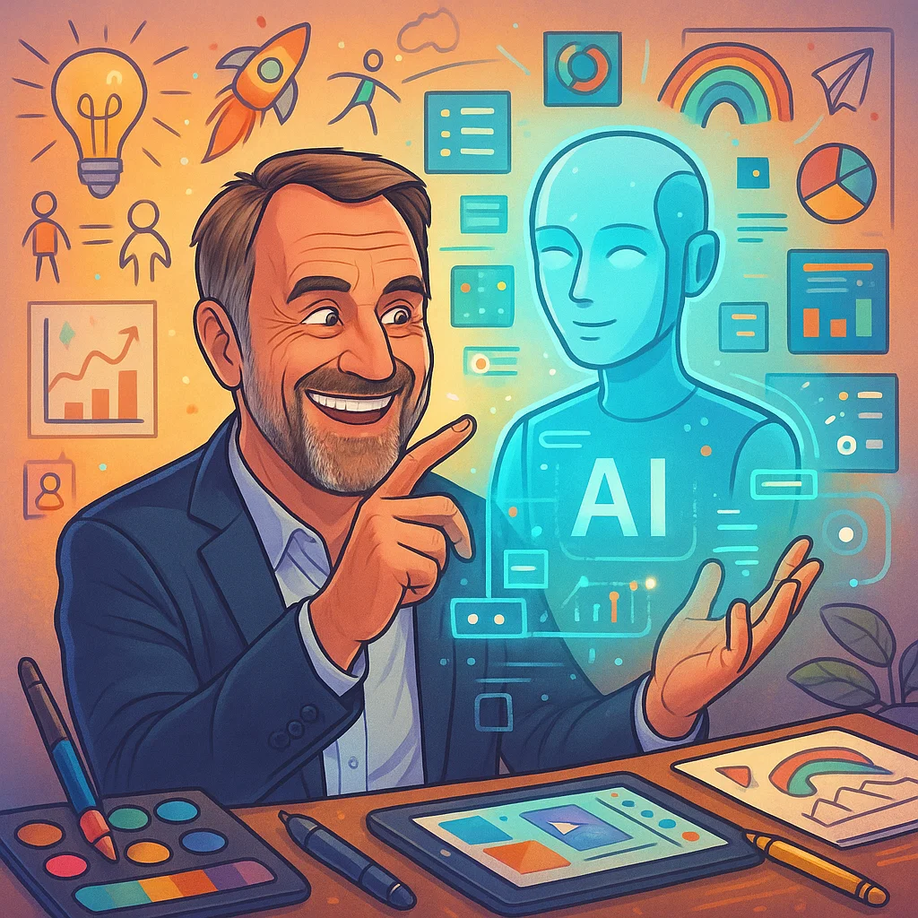 A smiling man in a suit interacts with a glowing blue AI hologram. He sits at a desk with art supplies, tablets, and charts. Colorful icons of rockets, graphs, and ideas decorate the background.